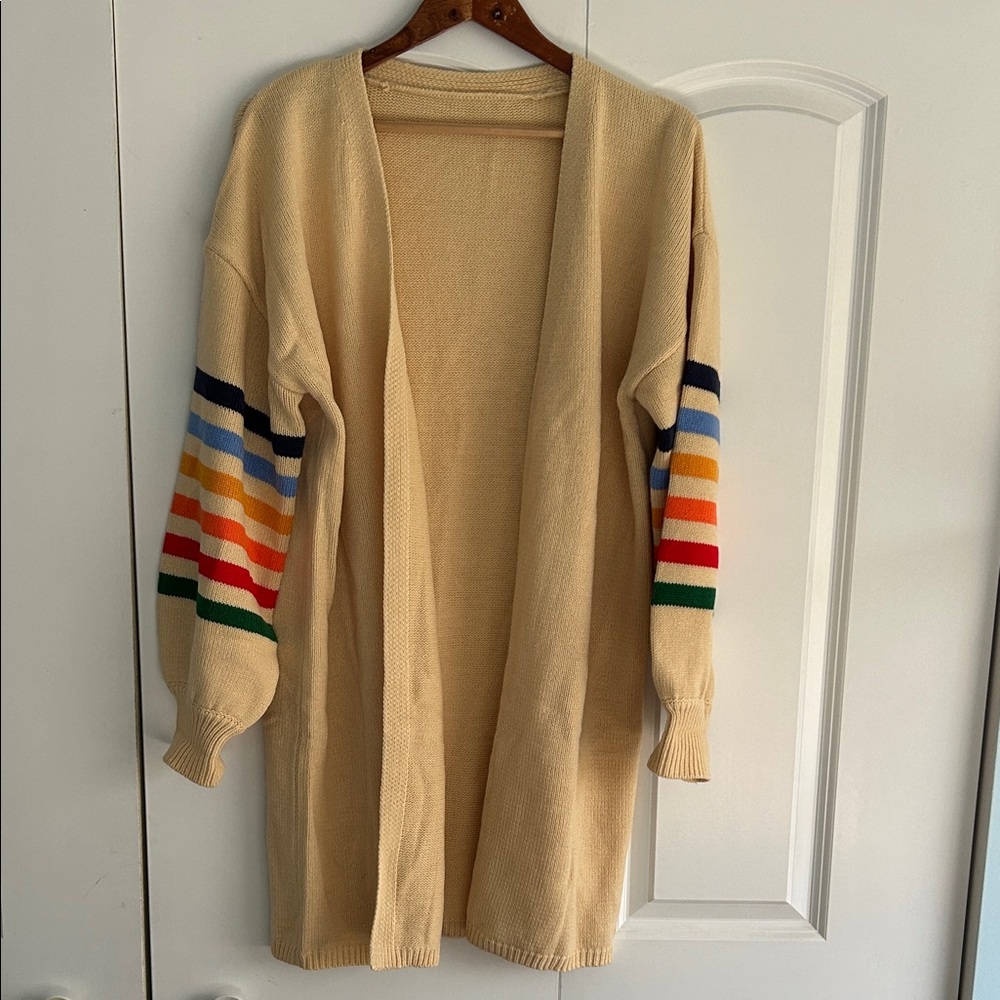 Colorful Striped Sleeve Beige Cardigan